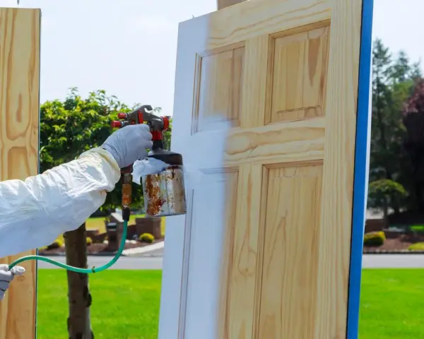 Persona con guantes y traje protector aplica laca blanca a una puerta de madera con pistola pulverizadora. Proceso de como lacar puertas.