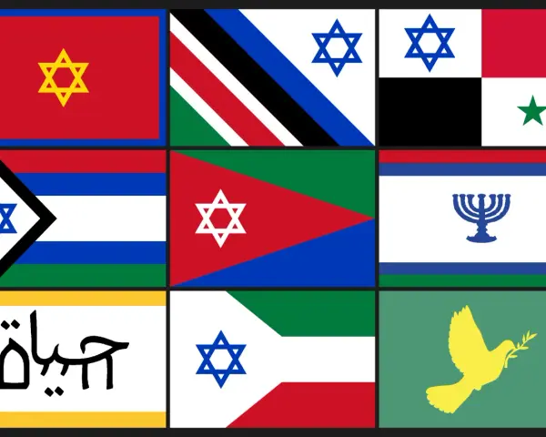 Kolaż flag, w tym kilka z Gwiazdą Dawida, symbolizującą izrael. Jedna flaga zawiera napis "życie" po arabsku.