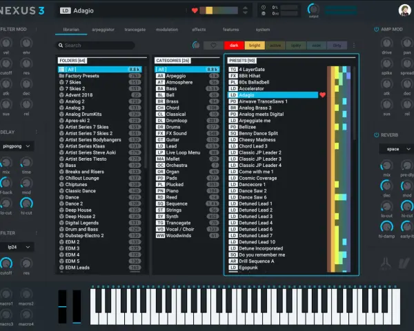 Nexus 3 mit dem Preset "Adagio" im Fokus. Die Benutzeroberfläche zeigt Ordner, Kategorien und Presets, bereit für musikalische Kreationen.