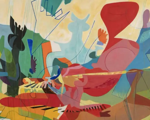 Pintura abstracta con formas orgánicas y líneas azules, que explora qué es el arte abstracto a través de colores vibrantes y composiciones dinámicas.