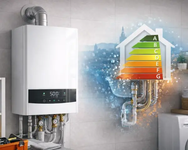 Caldaia istantanea a condensazione moderna, con display digitale e etichetta energetica A. Efficienza e risparmio per la tua casa.