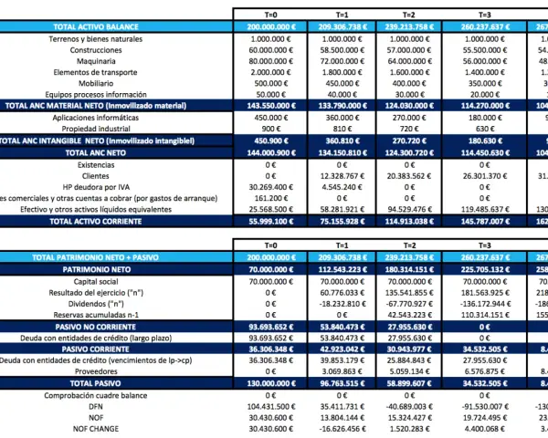Plantilla de balance de situación con datos financieros de varios periodos (T=0 a T=4).