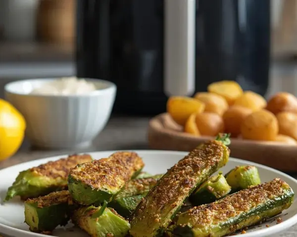 Zucchine in friggitrice ad aria senza pangrattato, croccanti e dorate, pronte per essere gustate.