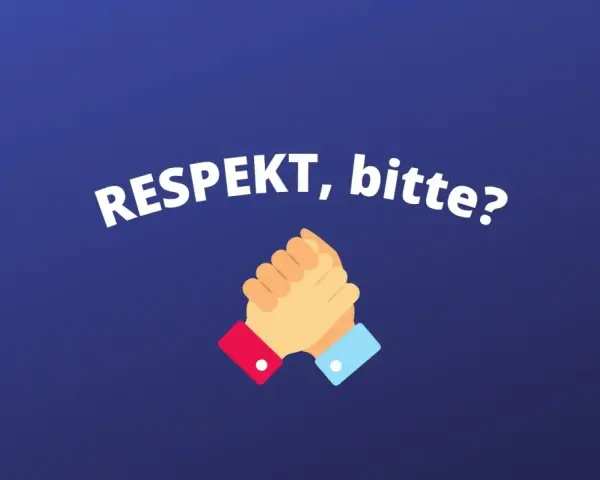 Zwei Hände schütteln sich, während die Worte "RESPEKT, bitte?" erscheinen. Ein Appell gegen respektloses Verhalten.
