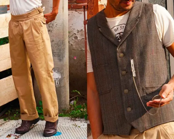 Uomo con gilet a quadri, camicia bianca e pantaloni beige, un look che ricorda come si vestivano gli uomini negli anni 50.