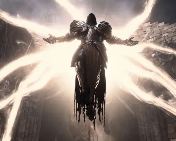 Mroczny wojownik w zbroi, otoczony oślepiającym światłem, niczym anioł śmierci. Wyobraź sobie, że to on zapowiada **Diablo 3 crossplay** – epicką bitwę na wszystkich platformach!