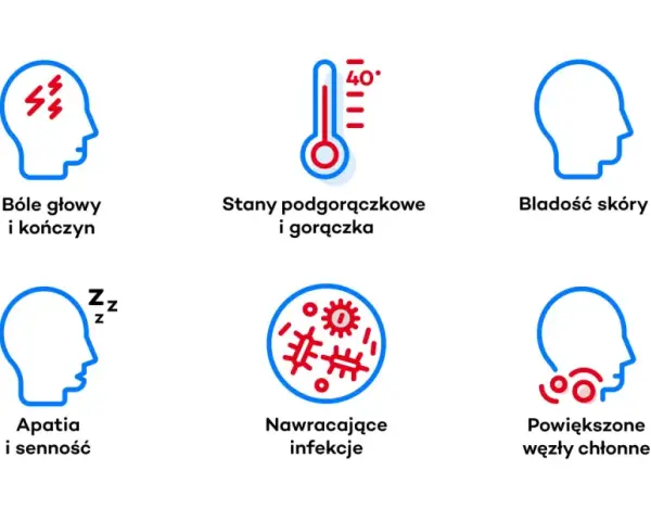 Białaczka szpikowa objawy: bóle głowy, gorączka, bladość, apatia, nawracające infekcje, powiększone węzły chłonne.