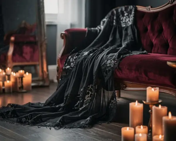 Un canapé de velours rouge profond, drapé d'une étoffe noire en dentelle, baigné par la lueur de bougies. Ambiance style boudoir chic.