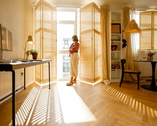 Una donna guarda fuori dalla finestra, mentre il sole crea ombre sul parquet che scricchiola. Un angolo studio e un tavolo da pranzo completano l'ambiente.