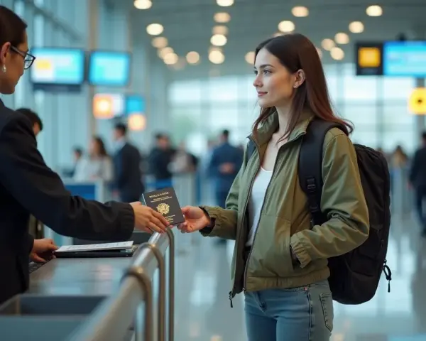 Une jeune femme remet son passeport à un agent à l'aéroport. Faut-il un passeport pour aller à Majorque ? La réponse dépend de votre nationalité.