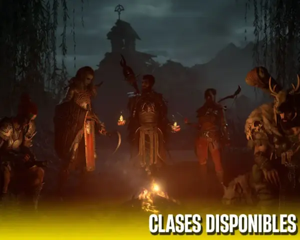 Cinco guerreros se reúnen alrededor de una fogata en un entorno oscuro, listos para la aventura. Una guía para las clases disponibles en Diablo IV.