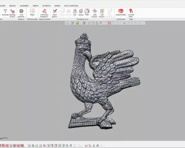 Model orła z koroną, widoczny w programie do modelowania 3D. Powierzchnia rzeczywista obiektu jest szczegółowo odwzorowana.