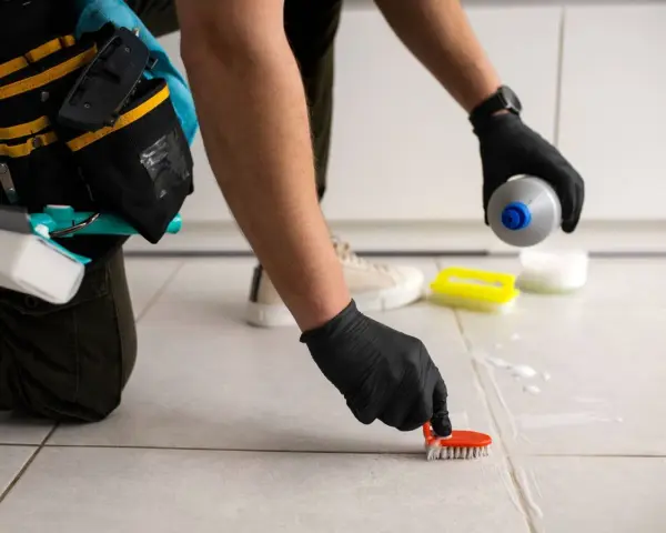 Persona con guantes negros usa un cepillo para limpiar juntas del suelo, aplicando producto de limpieza.