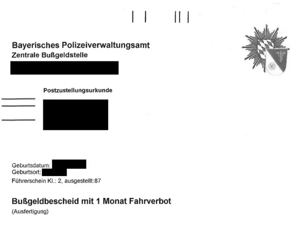 Bußgeldbescheid mit 1 Monat Fahrverbot, der versucht, das Fahrverbot umzuwandeln.
