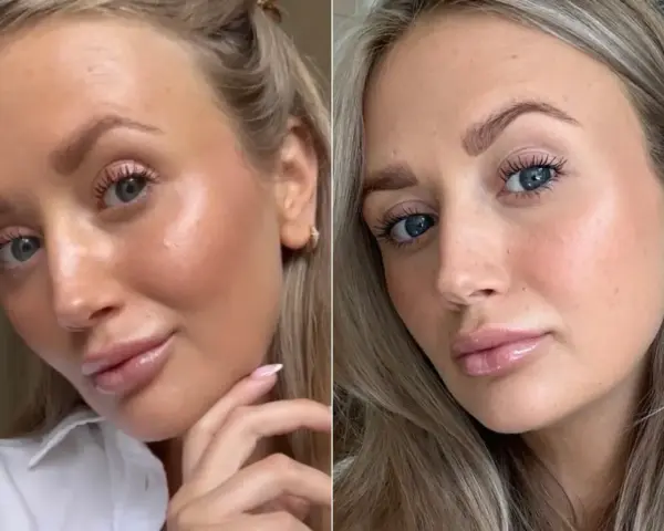 Kobieta z błyszczącymi ustami i rozświetloną cerą, inspirowana stylem Hailey Bieber.