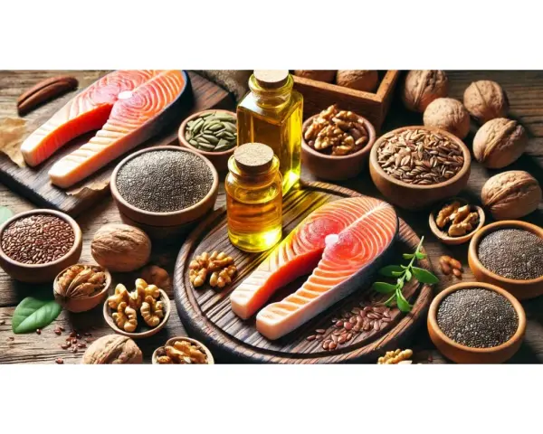 Salmone, noci, semi di lino e olio dorato, ricchi di omega 6, su un tavolo di legno rustico.