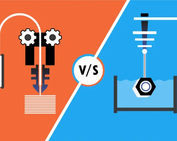Illustration comparing FDM vs SLA 3D printing. FDM extrudes filament layer by layer, while SLA cures resin with a light source.