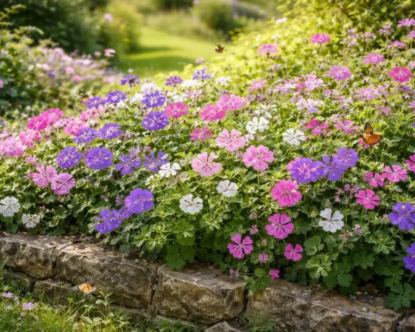 Ein Blütenmeer aus Storchschnabel in Rosa, Lila und Weiß, das sich üppig vermehrt. Schmetterlinge flattern über die farbenprächtige Pracht.