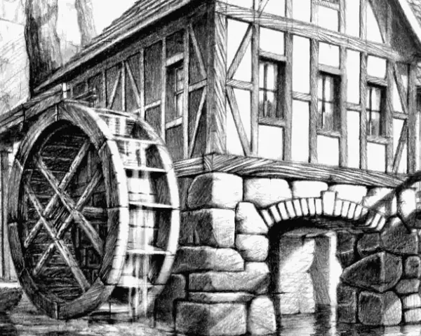 Stary młyn wodny z kołem i kamiennym łukiem, idealny do nauki kurs rysunku architektonicznego.