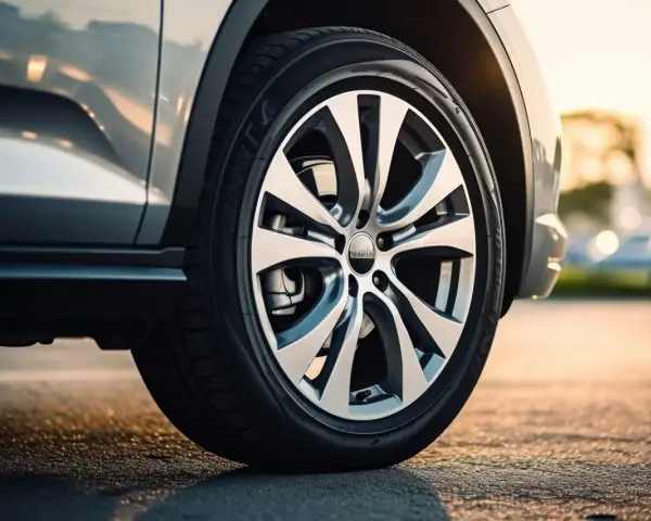 Ruota di un'auto con cerchio in lega sportivo. Il pneumatico, con il suo run flat significato, garantisce sicurezza anche in caso di foratura.