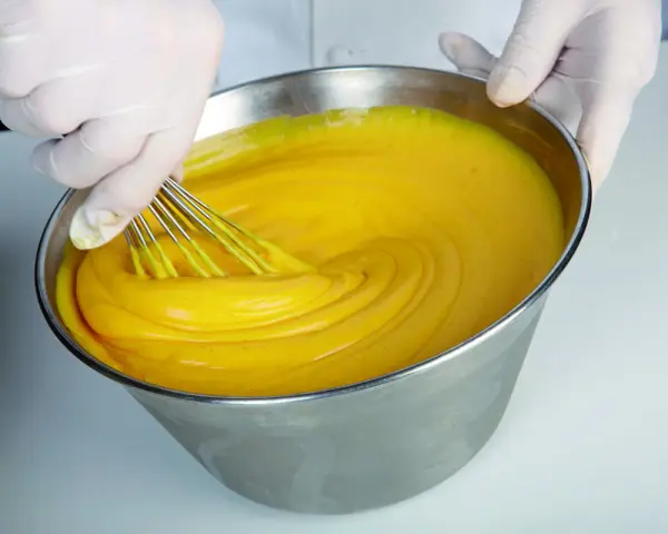 Mani guantate montano una crema pasticcera perfetta, come insegna Iginio Massari. La consistenza è vellutata e il colore giallo intenso.