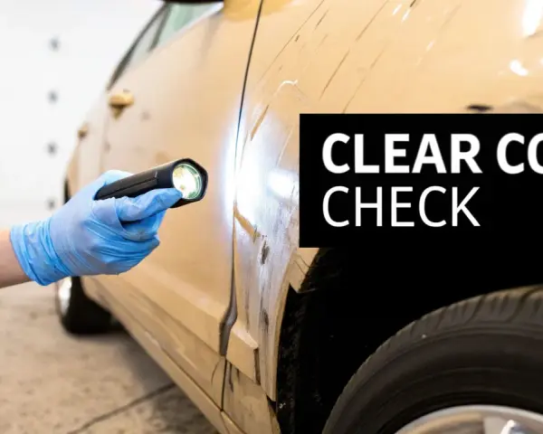 Gloved hand with flashlight inspects car's clear coat for damage, hinting at how to restore clear coat on car.