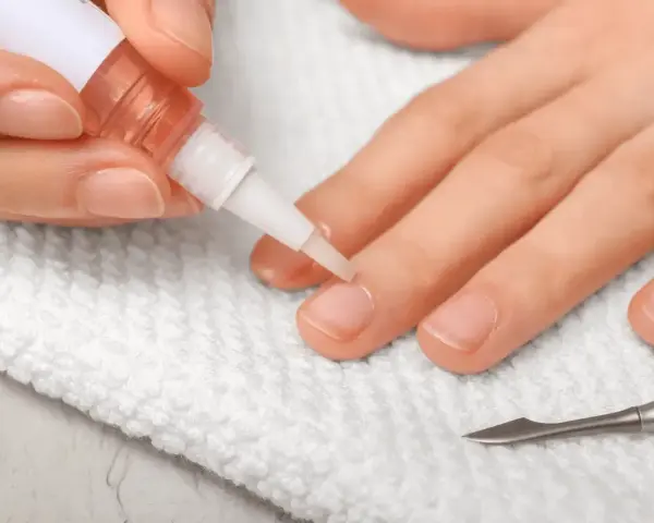 Application d'huile sur les cuticules des ongles pour un soin hydratant. Un petit pinceau dépose le produit sur le contour de l'ongle.