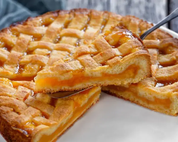Deliziosa crostata senza glutine con ripieno di albicocche, una fetta sollevata da un coltello.