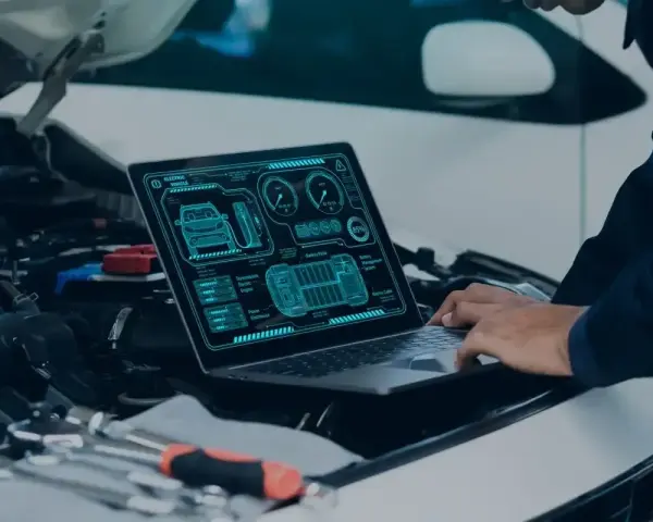 Diagnostyka komputerowa samochodu cena: mechanik analizuje dane z laptopa dotyczące elektrycznego pojazdu.