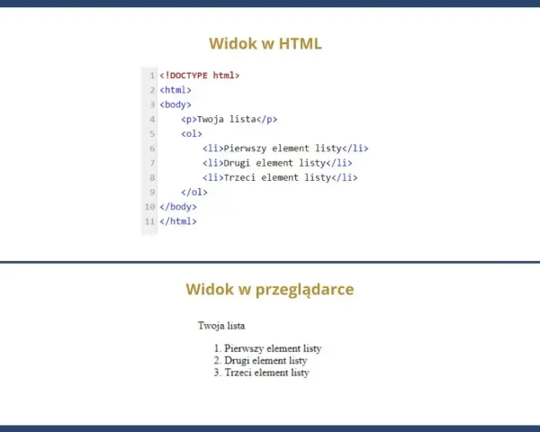 Kod HTML tworzy listę: "Twoja lista" z trzema elementami. Widok w przeglądarce pokazuje tę listę.