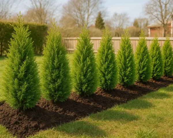 Raka rader av nyplanterade thuja-träd i en solig trädgård. De mörkgröna träden står i mörk jord med gräs runt omkring.