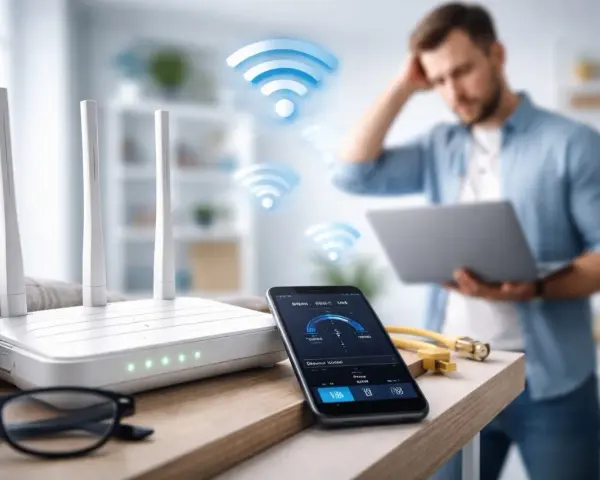 Router, smartphone con app di velocità Wi-Fi e uomo preoccupato. Soluzioni per come amplificare segnale Wi-Fi fai da te.