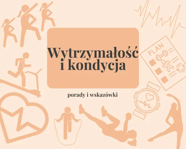 Ilustracje ćwiczących osób, bieżnia, plan treningowy i zegarek sportowy podkreślają znaczenie kondycji sportowej.