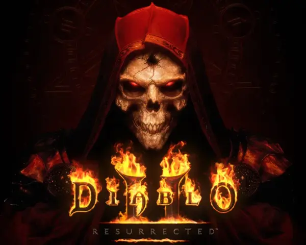Diablo 2 Resurrected na PS4: przerażająca czaszka w czerwonej szacie, otoczona płomieniami i mrocznymi symbolami.