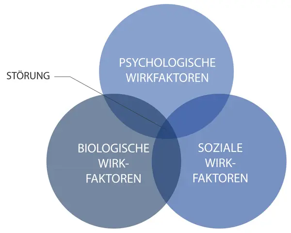 Venn-Diagramm zeigt, wie psychologische, biologische und soziale Faktoren zur Entstehung von Störungen beitragen. Ein Kernkonzept der Gesundheitspsychologie.