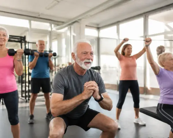 Groupe de seniors pratiquant le renforcement musculaire en salle de sport, avec haltères et élastiques.