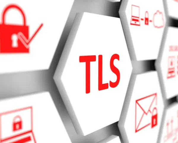 Hexagonal tiles display security icons and the text "TLS". This visual represents a TLS update, ensuring secure connections.