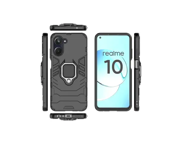 Czarny, pancerny case z pierścieniem na palec do telefonu realme 10, pokazany z różnych stron.