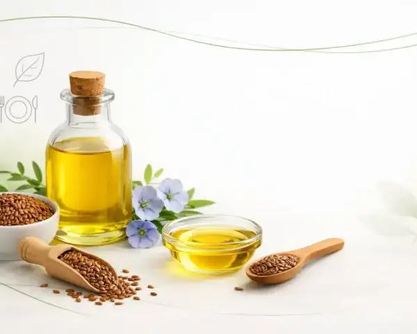Olej lniany w butelce i miseczkach, nasiona lnu na łyżkach i w misce, niebieskie kwiaty lnu. Czy olej lniany jest zdrowy? Tak, to bogactwo kwasów omega-3.