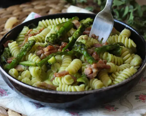 Fusilli con asparagi freschi e croccante pancetta, un piatto primaverile che conquista.