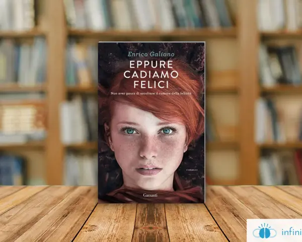 Copertina del libro "Eppure cadiamo felici" di Enrico Galiano, con il volto di una ragazza dai capelli rossi e occhi azzurri.