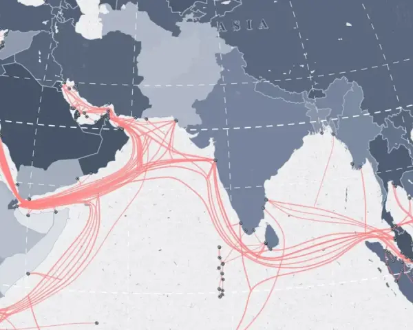 Map showing the global internet as a network infrastructure, with glowing pink lines representing undersea cables connecting continents across Africa, Asia, and the Middle East.