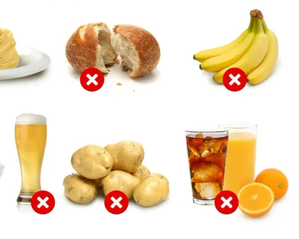 Undvik dessa livsmedel vid ketosdiet: pasta, bröd, bananer, godis, ris, öl, potatis, läsk, juice, apelsiner och munkar.