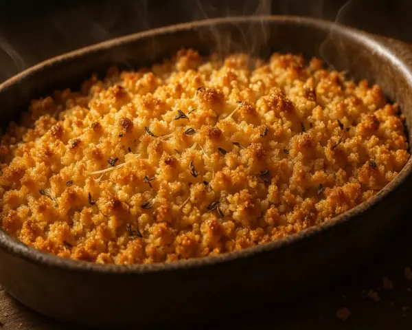 Un plat de pâte crumble salé au parmesan, doré et fumant, prêt à être dégusté. Une recette simple et savoureuse.