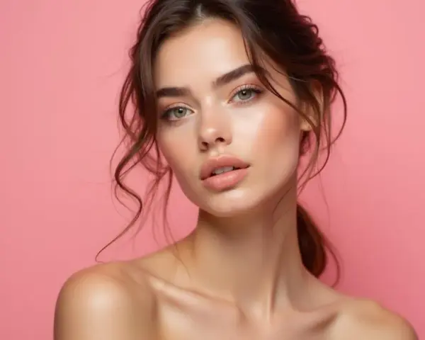 Portret młodej, clean girl z delikatnym makijażem i rozpuszczonymi włosami na różowym tle.