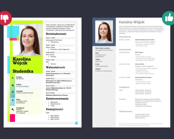 CV studentki Karoliny Wójcik: wykształcenie, doświadczenie, umiejętności i zainteresowania.