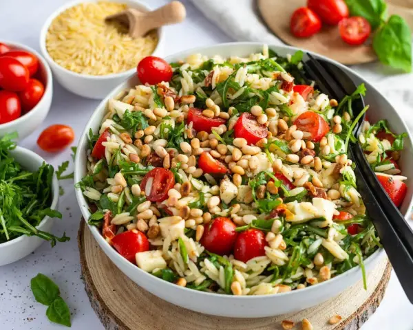 Ein köstlicher Nudelsalat mit Kirschtomaten, Rucola und Pinienkernen – einer der 10 besten Salate für den Sommer.
