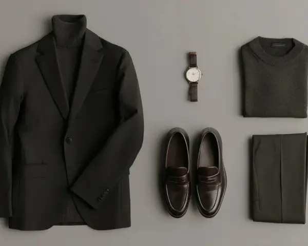 Conjunto elegante: traje negro, jersey de cuello alto, pantalones, reloj y mocasines marrones.