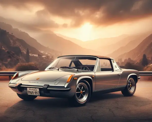 Srebrny Porsche 914 na tle górskiego krajobrazu o zachodzie słońca.