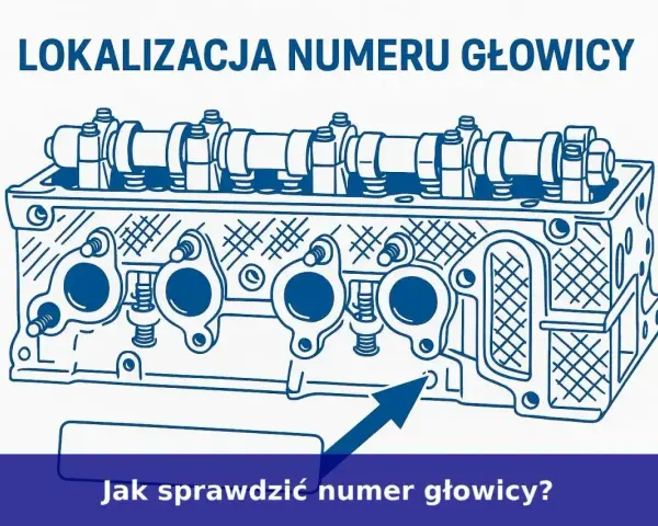 Schematyczny rysunek głowicy silnika z zaznaczonym miejscem, gdzie znajduje się numer silnika. Strzałka wskazuje ten punkt.